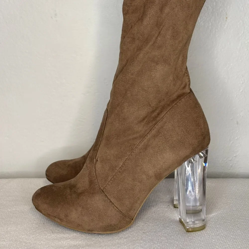 Wild Diva Lounge Over the Knee High Clear Lucite Heel Sexy Boots Women's 7 Brown